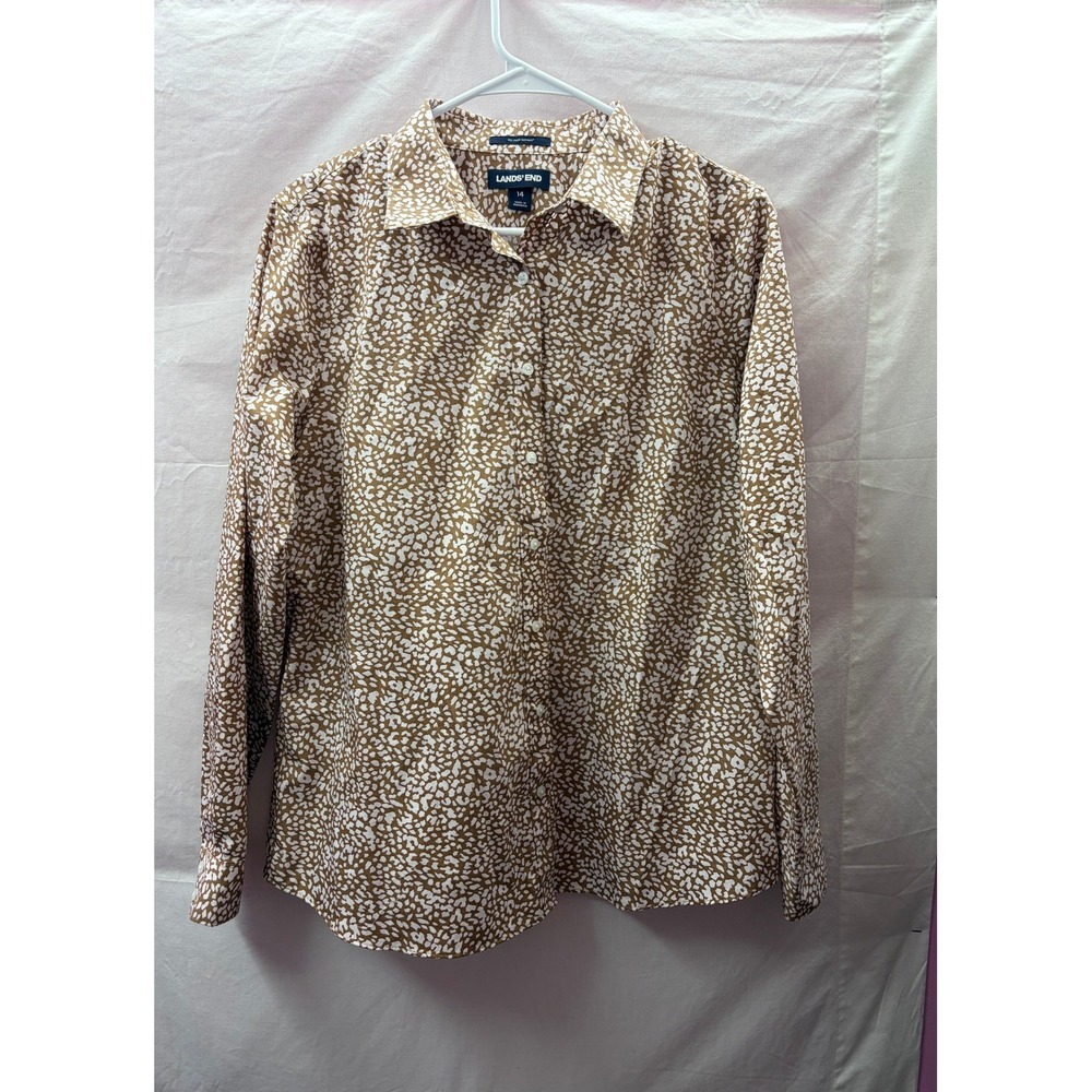 Lands End Women Sz 14 No Iron Supima Cotton Leopard Print Button Down Shirt Tan